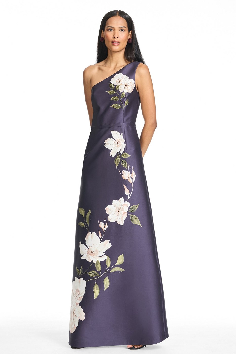 SERENA PURPLE FLORAL MIKADO ONE SHOULDER A-LINE GOWN